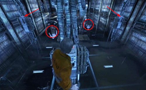 W środku, pod podłogą zobaczysz chodzących przeciwników (kółka) - Misja główna - Inny wymiar, obracane pomieszczenia | Więzienie - Silent Hill: Downpour - poradnik do gry