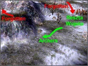 Po prawej na górze stoi kilku zapomnianych - zaatakuj ich łucznikami, a na tyły wojska poślij krasnali - Misja 24 - Vengeance - Myth III: Era Wilka - poradnik do gry