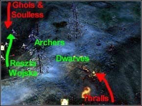 W czasie, gdy krasnale będą zajmować się Thrallami, na tyłach (czyli na północy) pojawi się kolejny patrol wroga - 5 Gholi i 3 Soullessów - Misja 23 - Fall Of The Crown - Myth III: Era Wilka - poradnik do gry