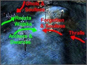 Za tymi dwiema parami będzie szło 8 Thralli, zostaw tam krasnale, by się z nimi rozprawili - Misja 23 - Fall Of The Crown - Myth III: Era Wilka - poradnik do gry