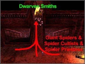 Stąd do poprzedniej sali z dużą ilością kultystów, którą ominąłeś (widoczna na obrazku) prowadzi wąski korytarz - Misja 17 - The Smiths Forge - Myth III: Era Wilka - poradnik do gry