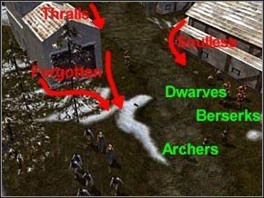 Stań przy widocznym na obrazku domku krasnalami, łuczników postaw obok - Misja 16 - Refugees - Myth III: Era Wilka - poradnik do gry