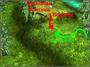 Na wzgórzu lewituje trzech Soullessów, za nimi jest pięć Myrkridian Warriorów, najpierw zajmij się Soullessami, potem Myrkridiami - uważaj, aby cię nie zaatakowali, musisz zdążyć wciągnąć wszystkich - Misja 10 - Imprisonment - Myth III: Era Wilka - poradnik do gry