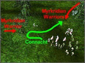 Biegnij w lewo, wciągnij jednego Myrkridian Warriora, potem szybko biegnij w prawo - przybiegnie siedmiu następnych - Misja 10 - Imprisonment - Myth III: Era Wilka - poradnik do gry