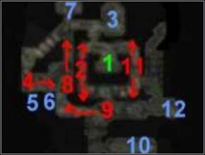 Liczby do trzeciej już zaliczyłeś (zielona liczba to twoje jednostki, czerwone - wroga, a niebieskie to kule otwierające drzwi) - Misja 7 - The Crypt Of Mazzarin - Myth III: Era Wilka - poradnik do gry