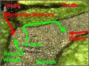 Kontynuując wędrówkę natrafisz na jednego Myrkridian Huntera i kilku Warriorów - ponieważ jest ich mniej i w dodatku dobiegać będą po kolei, bez trudu ich wykończysz - nie używaj nawet łuczników ani maga - Misja 3 - Journey To Llancarfan - Myth III: Era Wilka - poradnik do gry