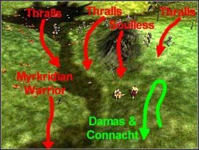 Poczekaj, aż jeden Myrkridian Warrior (druga strzałka od lewej) przybiegnie, spokojnie go zabijesz - Misja 3 - Journey To Llancarfan - Myth III: Era Wilka - poradnik do gry