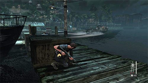 Po raz kolejny nie radzę ruszać się z miejsca, bo w okolicy wkrótce pojawi się łódź patrolowa - Przeprawa przez doki | Rozdział V | Solucja Max Payne 3 - Max Payne 3 - poradnik do gry
