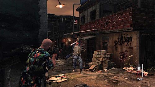 Zachowaj ostrożność po dotarciu do miejsca, w którym ścieżka skręca w lewo - Przeprawa przez pierwszą część slumsów | Rozdział IX | Solucja Max Payne 3 - Max Payne 3 - poradnik do gry