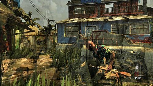 Przez balustradę przeskocz dopiero po zlikwidowaniu wszystkich widocznych wrogów - Przeprawa przez pierwszy obszar zajmowany przez elitarnych wrogów | Rozdział VII - Max Payne 3 - poradnik do gry