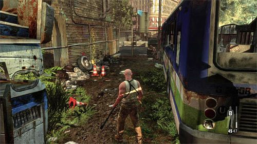 Możesz już wybrać lewą ścieżkę biegnącą między autobusami - Ucieczka ze złomowiska | Rozdział X | Solucja Max Payne 3 - Max Payne 3 - poradnik do gry