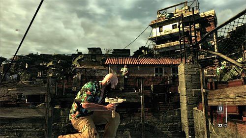 Po dotarciu na jeden z wyższych balkoników przygotuj się na atak kolejnych bandytów, którzy pojawią się na lewo od Ciebie (powyższy screen) - Przeprawa przez drugi obszar zajmowany przez elitarnych wrogów | Rozdział VII - Max Payne 3 - poradnik do gry