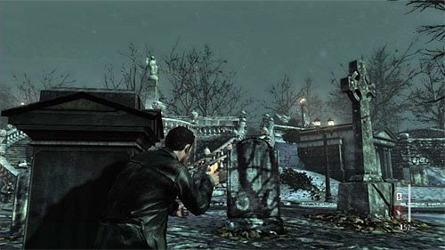 Dopiero teraz przystąp do atakowania zwykłych przeciwników, a konkretnie tych stojących na schodach oraz na górnym balkoniku (tym samym, który był okupowany przez osobnika z granatnikiem) - Początkowa bitwa na cmentarzu | Rozdział VIII | Solucja Max Payne 3 - Max Payne 3 - poradnik do gry