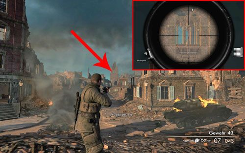 Na wieży, w jednym z okien [#5], na której przebywa ostatni snajper - Misja 7 | Butelki i Sztaby złota w Sniper Elite V2 - Sniper Elite V2 - poradnik do gry