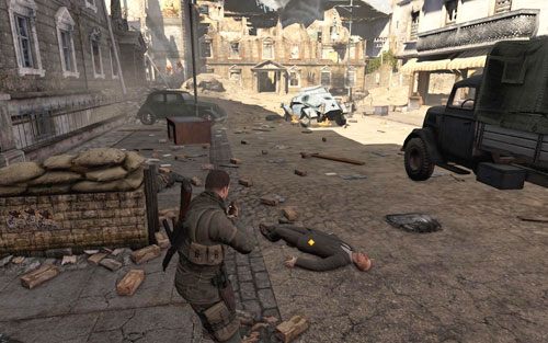 Po oczyszczeniu sobie terenu zbiegnij na dół - Misja 1 - Konwój Schoneberga (2) | Opis przejścia Sniper Elite V2 - Sniper Elite V2 - poradnik do gry
