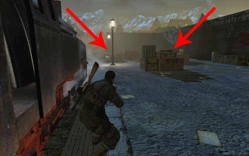 Bardzo powoli kieruj się dalej, starając się iść tuż przy wagonach - DLC - Zamach na Fuhrera | Opis przejścia Sniper Elite V2 - Sniper Elite V2 - poradnik do gry