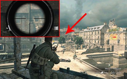 W momencie, gdy będziesz się ewakuował, zanim zeskoczysz na ulicę zerknij niemalże na wprost - w stronę jednej z kolumn [#4] - Misja 3 | Butelki i Sztaby złota w Sniper Elite V2 - Sniper Elite V2 - poradnik do gry