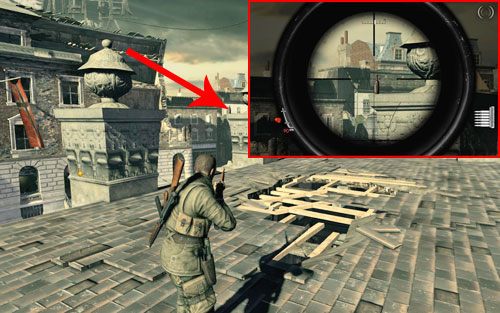Na jednej z kolumn na zniszczonym obiekcie centralnym na placu [#3] - wejdziesz na niego po skrzynkach ustawionych tuż obok - Misja 8 | Butelki i Sztaby złota w Sniper Elite V2 - Sniper Elite V2 - poradnik do gry