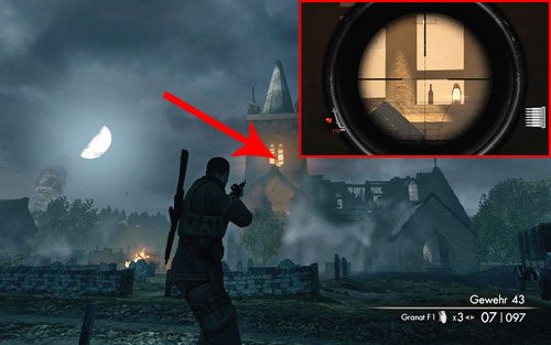 Na szczycie wieży kościelnej [#1], w jednym z okien - Misja 9 | Butelki i Sztaby złota w Sniper Elite V2 - Sniper Elite V2 - poradnik do gry