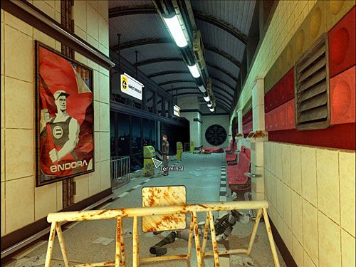 Kiedy udasz się na stację (ze zbliżenia na bramę - w dół ekranu, w planie ogólnym sektora G-14 - do zniszczonego tramwaju, a stamtąd - ponownie w dół ekranu), przekonasz się, że jeden z terminali (pierwszy od lewej; zbliżenie) jest zniszczony - najprawdopodobniej przez Ruch Oporu - Poradnik do gry - Prolog - Doładuj bilet | Alternativa - Alternativa - poradnik do gry