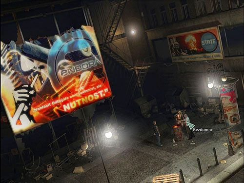 Opuść miejsce, gdzie siedzi dziewczynka (kursor w dole ekranu), przejdź do schodów (w prawo) i porozmawiaj o małej (i nie tylko) z grzejącymi się przy beczce z ogniem bezdomnymi - Przekonaj dziewczynkę do złożenia zeznań | Rozdział 1 | Alternativa - Alternativa - poradnik do gry