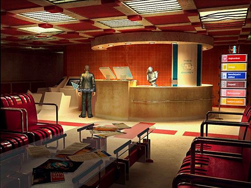 W razie, gdybyś nie zdążył obczaić danych na monitorach, zanim wróci android, by móc ponownie zachęcić go do opuszczenia stanowiska za kontuarem, spróbuj skorzystać ze stojącego po lewej terminalu, po czym zapytaj recepcjonistkę, dlaczego on nie działa, i ponownie zaoferuj jej pomoc - Zdobądź oko profesora | Rozdział 2 | Alternativa - Alternativa - poradnik do gry