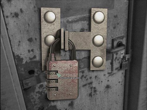 Przywróć kłódkę do poprzedniego położenia i przesuwając cyferki w górnym rzędzie zamka w prawo (lub w lewo), spróbuj ustawić na froncie cyfrę 8 - niestety - Zdobądź karty pracowników lotniska (1) | Rozdział 5 | Alternativa - Alternativa - poradnik do gry