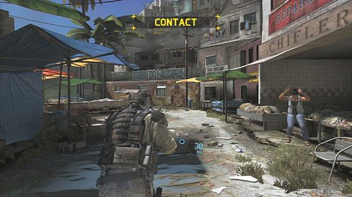 Zaraz po uzyskaniu kontroli nad żołnierzem przedzieramy się uliczkami podążając za niebieskimi wskaźnikami - Misja 1 Nimble Guardian (1) | Opis przejścia Ghost Recon - Future Soldier - Tom Clancys Ghost Recon: Future Soldier - poradnik do gry