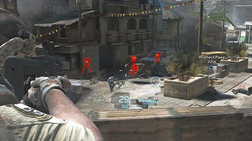 Następnie wychylamy się ostrożnie i bierzemy na celownik jednego z przeciwników - Misja 1 Nimble Guardian (1) | Opis przejścia Ghost Recon - Future Soldier - Tom Clancys Ghost Recon: Future Soldier - poradnik do gry