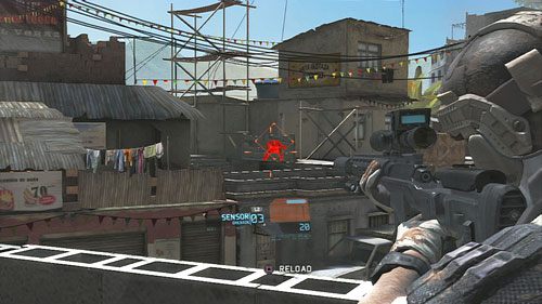 Podbiegamy do zasłony z widokiem na Paez-a, rzucamy na szybko sensor i eliminujemy przeciwników - Misja 1 Nimble Guardian (1) | Opis przejścia Ghost Recon - Future Soldier - Tom Clancys Ghost Recon: Future Soldier - poradnik do gry