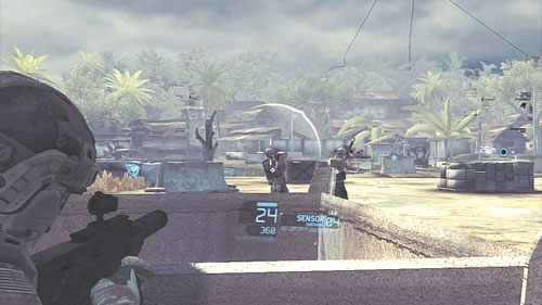 Po udanej eliminacji tyłów ściągamy synchronicznym strzałem dwóch najemników oglądających razem mecz - Misja 3 Noble Tempest (2) | Opis przejścia Ghost Recon - Future Soldier - Tom Clancys Ghost Recon: Future Soldier - poradnik do gry