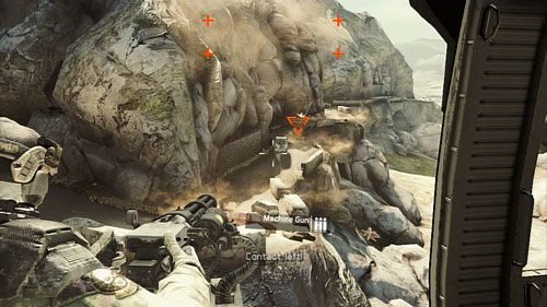 Ostrzał pojazdów nieprzyjaciela zaczynamy od dwóch pojazdów jadących górska drogą, a następnie eliminuje wszystkie wrogie pojazdy oznaczone czerwonym trójkątem - Misja 4 Tiger Dust (2) | Opis przejścia Ghost Recon - Future Soldier - Tom Clancys Ghost Recon: Future Soldier - poradnik do gry