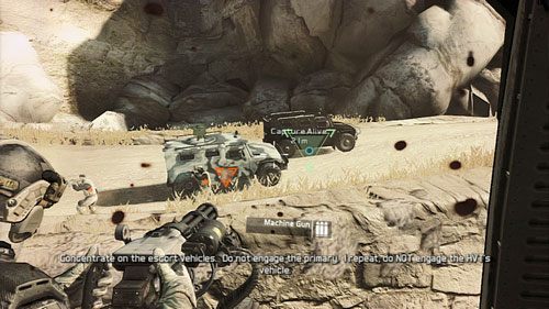 Gdy trafimy na czarny samochód oznaczony zielonym trójkątem powstrzymujemy się od jego zniszczenia i eliminujemy dwa eskortujące go pojazdy - Misja 4 Tiger Dust (2) | Opis przejścia Ghost Recon - Future Soldier - Tom Clancys Ghost Recon: Future Soldier - poradnik do gry
