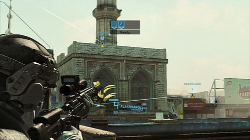 Do eliminacji pozostanie nam dwóch ostatnich przeciwników czających się trochę dalej na budynkach koło wieży po lewej, ich również pozbywamy się jednoczesnym strzałem - Misja 4 Tiger Dust | Wyzwania w Ghost Recon - Future Soldier - Tom Clancys Ghost Recon: Future Soldier - poradnik do gry