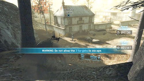 Biegniemy w stronę punktu nawigacyjnego trzymając się lewej strony i gdy zobaczymy pierwszego przeciwnika oznaczamy go i ściągamy, gdy wejdzie za mur - Misja 12 Shattered Mountain (2) | Wyzwania w Ghost Recon - Future Soldier - Tom Clancys Ghost Recon: Future Soldier - poradnik do gry