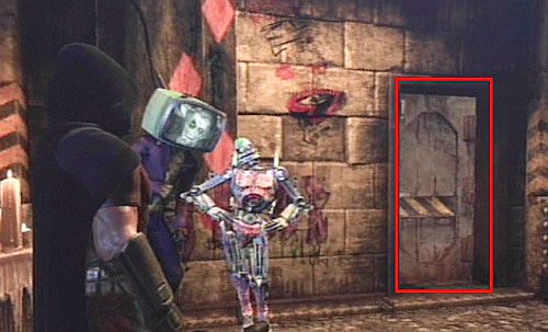 Zejdź po schodach niżej i skorzystaj z drzwi pokazanych na screenie - Zbadaj sprawę zniknięcia Batmana - Opis przejścia - Batman: Arkham City - Harley Quinns Revenge - poradnik do gry