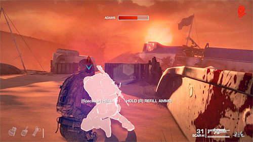 Twoje ataki powinny zbiec się w czasie z odniesieniem przez Adamsa krytycznych obrażeń, tak więc musisz się pośpieszyć żeby uratować mu życie - Rozdział XIII - Adams - Odszukaj Adamsa | Opis przejścia Spec Ops The Line - Spec Ops: The Line - poradnik do gry