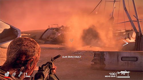 Kiedy uznasz, że jesteś gotowy zeskocz na piasek i szybko podbiegnij do najbliższego murku - Rozdział XIII - Adams - Podążaj za sygnałem Lugo | Opis przejścia - Spec Ops: The Line - poradnik do gry