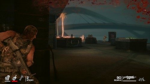 W rezultacie proponuję wybrać skrajnie lewą ścieżkę, dzięki czemu znacznie skrócisz dystans do działka, samemu nie narażając się na trafienia - Rozdział XIV - The Bridge - Dotrzyj do wieży | Opis przejścia Spec Ops The Line - Spec Ops: The Line - poradnik do gry