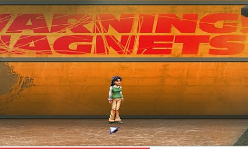 Teraz wróć Anna w lewo i ustaw ją dokładnie w miejscu wskazanym na screenie, pod literą N w napisie na ścianie (w przeciwnym wypadku za chwilę zostanie zgnieciona przez obiekty przyciągane przez magnes) - Juno laboratory - Ed, Anna, Ray, Bennet (1) | Opis przejścia Resonance - Resonance - poradnik do gry