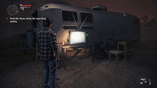 Telewizor stoi na stoliku obok przyczepy kampingowej - Telewizory | Sekrety (audycje, skrzynie, telewizory) - Alan Wakes American Nightmare - poradnik do gry