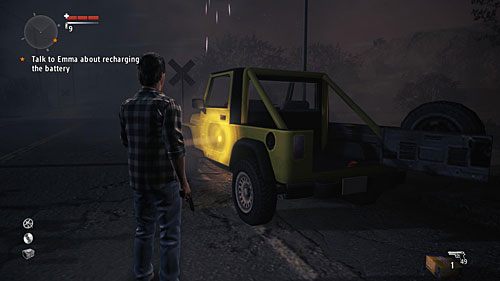 Na pace żółtego samochodu terenowego stojącego przed przejazdem przez tory znajdziesz pistolet sygnałowy (flare gun) - Akt 1 - The Mechanic | Akt 1 | Alan Wakes American Nightmare - Alan Wakes American Nightmare - poradnik do gry