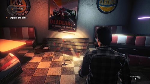 W restauracji podnieś klucze z podłogi i przyjrzyj się stojącej na stoliku walizce - Akt 1 - The Mechanic | Akt 1 | Alan Wakes American Nightmare - Alan Wakes American Nightmare - poradnik do gry