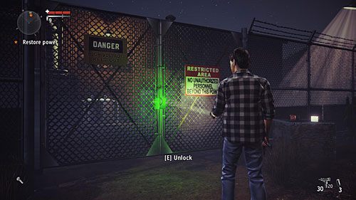 Po rozprawieniu się po drodze w z wszystkimi opętanymi dojdziesz do bramy elektrowni - Akt 1 - The Curator | Akt 1 | Alan Wakes American Nightmare - Alan Wakes American Nightmare - poradnik do gry