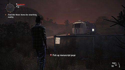 Strona jest przyczepiona do ogrodzenia w pobliżu przyczepy kampingowej z telewizorem - Akt I - The Mechanic | Strony manuskryptu | Alan Wakes American Nightmare - Alan Wakes American Nightmare - poradnik do gry