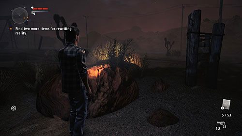 Manuskrypt znajduje się na dużym kamieniu, za magazynem z płytą CD - Akt I - The Mechanic | Strony manuskryptu | Alan Wakes American Nightmare - Alan Wakes American Nightmare - poradnik do gry