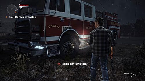 Zaraz przy wejściu na teren obserwatorium stoi wóz strażacki - Akt I - The Scientist | Strony manuskryptu | Alan Wakes American Nightmare - Alan Wakes American Nightmare - poradnik do gry