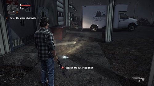 Idąc od wejścia na teren obserwatorium prosto, po chwili po prawej stronie drogi widać magazyny - Akt I - The Scientist | Strony manuskryptu | Alan Wakes American Nightmare - Alan Wakes American Nightmare - poradnik do gry