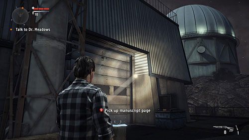 Strona leży obok wejścia do pomieszczenia z mniejszą kopułą na terenie obserwatorium - Akt I - The Scientist | Strony manuskryptu | Alan Wakes American Nightmare - Alan Wakes American Nightmare - poradnik do gry