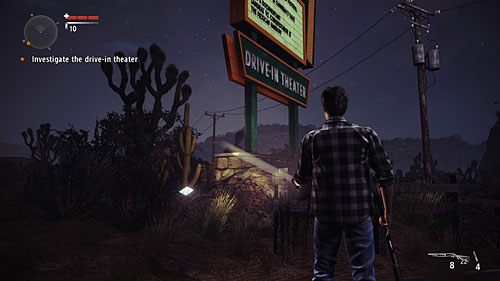 Jak tylko Alan wysiądzie z samochodu nie idź w kierunku kina, tylko odwróć się i idź drogą do znaku reklamowego, obok którego, na kamieniu, leży strona manuskryptu - Akt I - The Curator | Strony manuskryptu | Alan Wakes American Nightmare - Alan Wakes American Nightmare - poradnik do gry